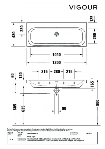 Möbelwaschtisch derby style 120x48cm ohne Hahnloch weiss PflegePLUS VIGOUR