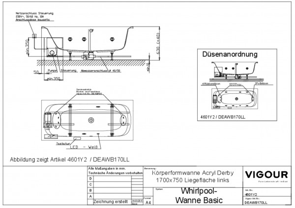 Whirlpool-Wanne basic Acryl derby links 170x75cm Abl.mittig Liegefl.li.weiss VIG