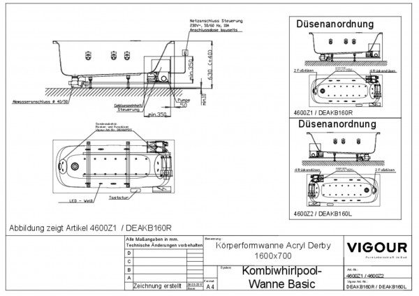 Kombiwhirlpoolwanne basic Acryl derby r. 160x70cm Ab-/Überlauf Fussende weiss VIG