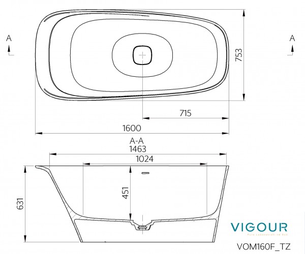 Badewanne freistehend vogue 160x75cm protectPLUS m.Schlitzüberl.weiss VIGOUR