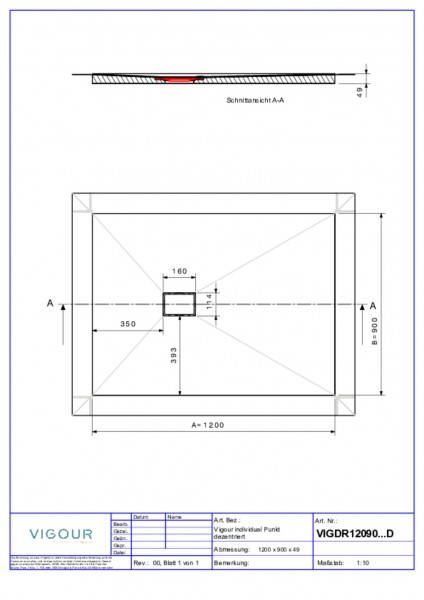 Duschelem. indiv. Resopal 120x90x4,5cm inkl.dezen.Ablauf senk.Novara Elm VIG.