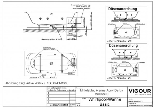 Whirlpool-Mittelablaufwa.basic Acryl r. derby 190x90cm Ablauf mittig weiss VIG