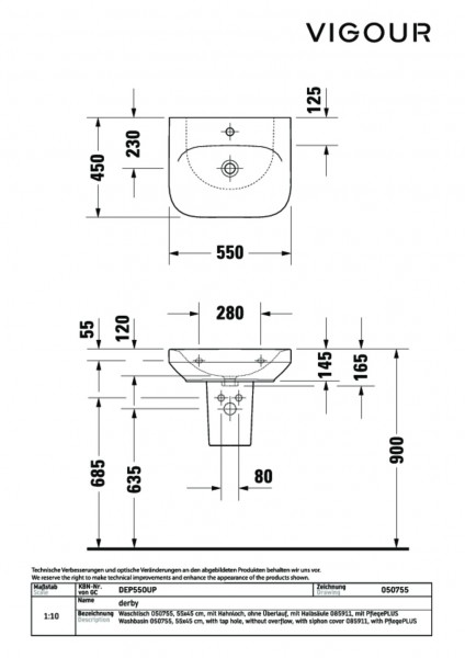 Waschtisch derby plus 55x45cm mit HL ohne Überlauf weiss PflegePLUS VIGOUR