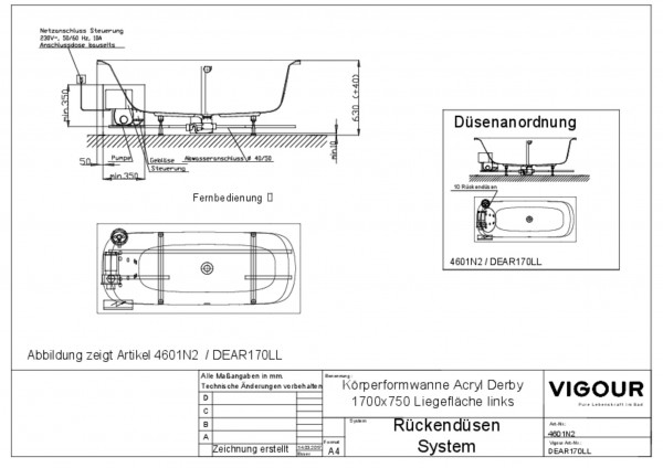 Rückendüsen-Sys. Acryl derby 170x75cm l. Ab-/ Überl.mittig Liegefl.li. weiss VIG