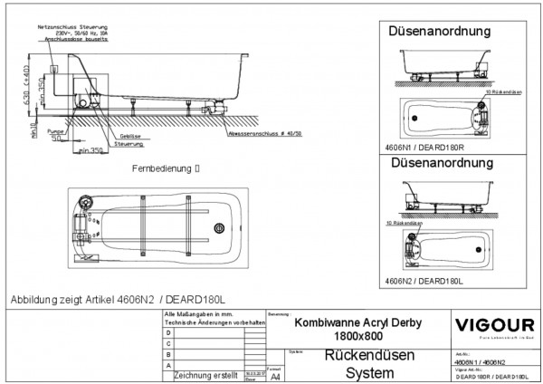 Rückendüsen-Sys. Kombiwa. Acryl derby l. 180x80cm Fussablauf weiss VIGOUR