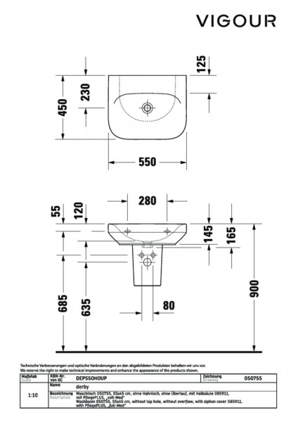 Waschtisch derby plus 55x45cm ohne HL ohne Überlauf weiss PflegePLUS VIGOUR