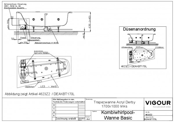 Kombiwhirlp.Trapezwanne basic Acryl li. derby 170x100cm Abl.mittig li.weiss VIG