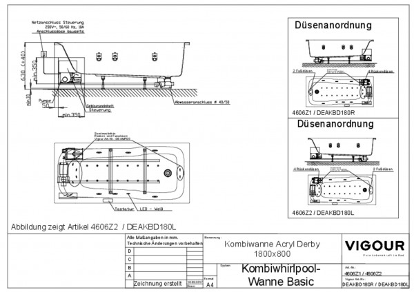 Kombiwhirlpool-Kombiwanne basic rechts Acryl derby 180x80cm Fussabl. weiss VIG