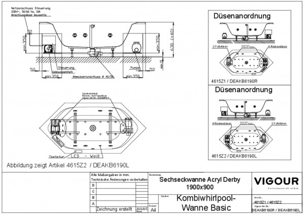 Kombiwhirlpool-Sechseckwanne basic re. Acryl derby 190x90cm Ab.mittig weiss VIG